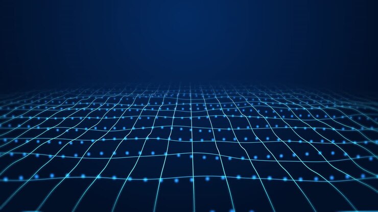 Movimento del flusso di dati digitali. Trasferimento di big data. Concetto di sfondo tecnologico wireframe per big data. Trasferimento e archiviazione di set di dati, blockchain, server, internet ad alta velocità.