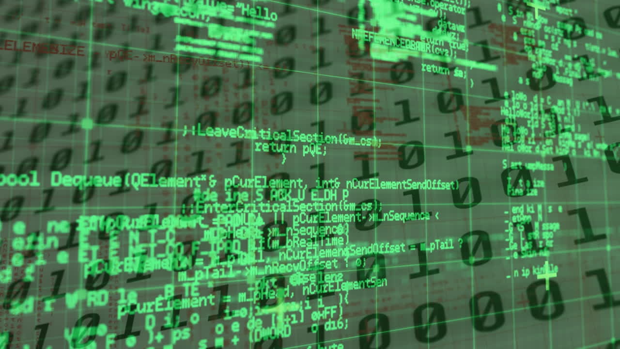 Animation of data processing on green background with binary code