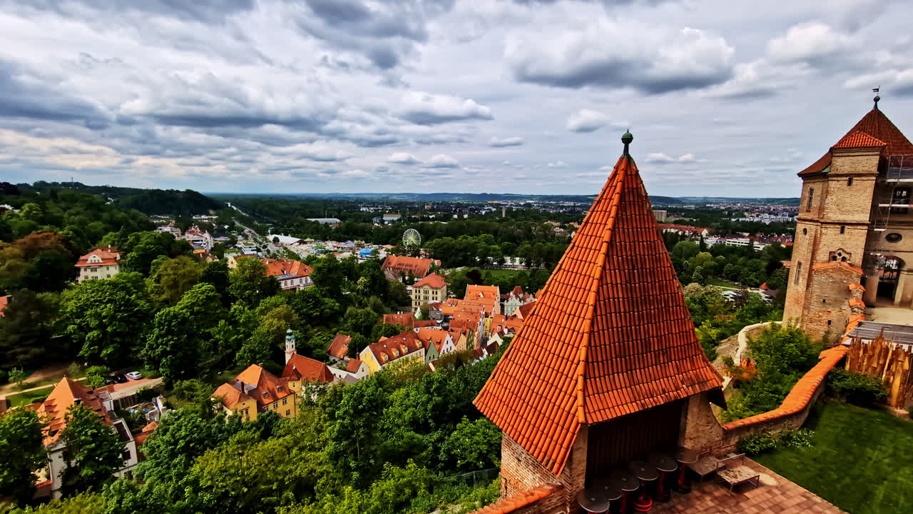 View Of The Historic City From Trausnitz Castle In Landshut, Germany - Panning Shot