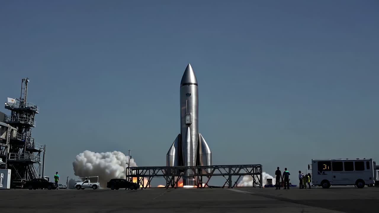 A dramatic low-angle shot captures a rocket launching into a clear sky, emphasizing power