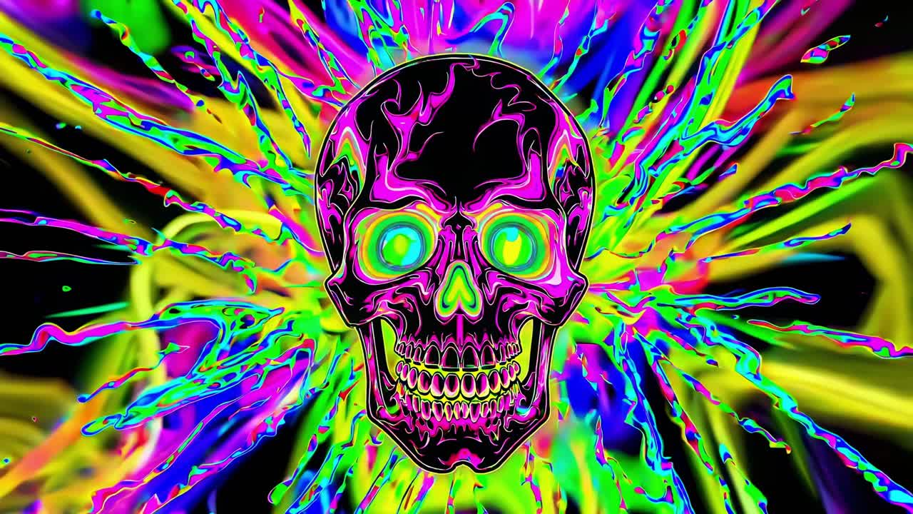colorido cráneo psicodélico pulsando con colores vibrantes y formas abstractas que irradian hacia afuera, creando un efecto visualmente sorprendente e hipnótico