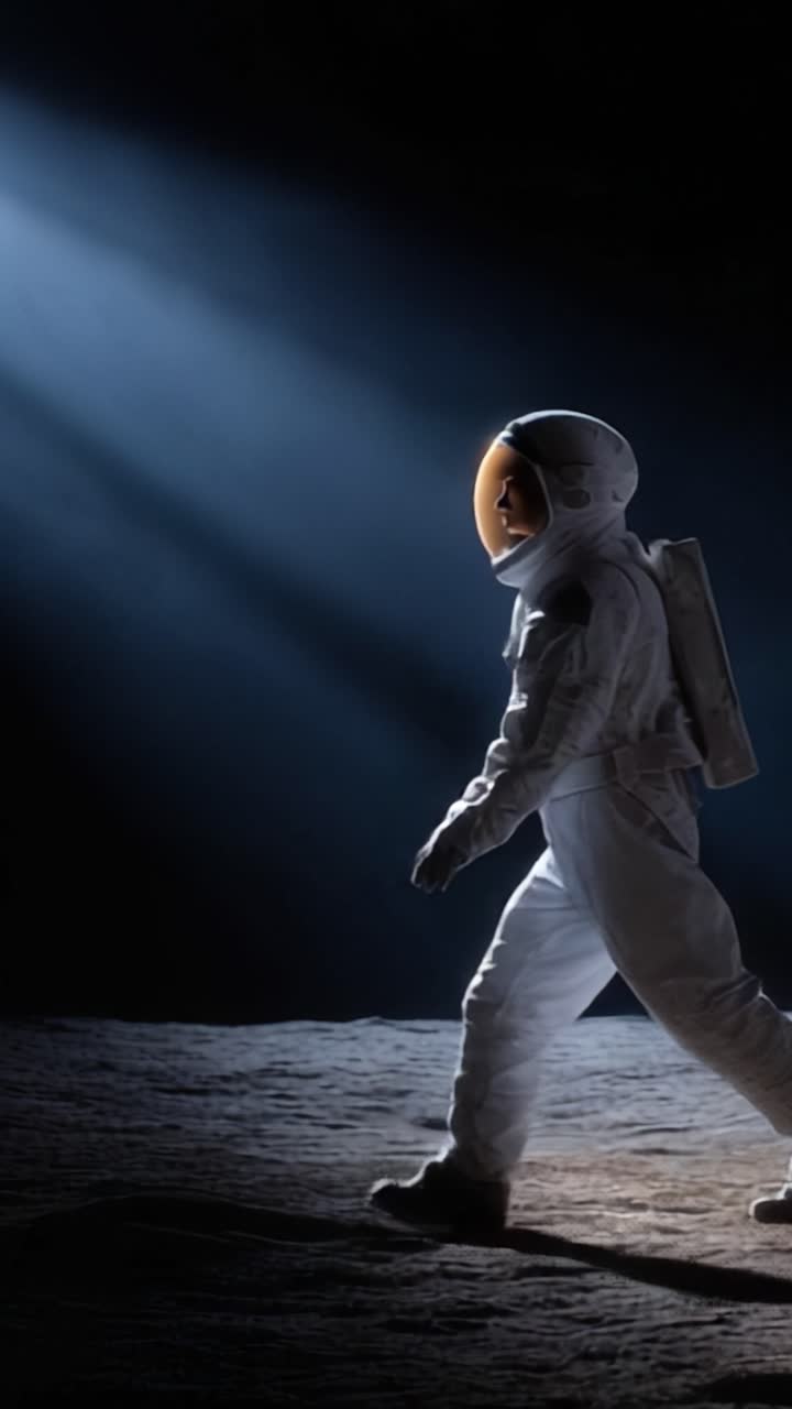 An astronaut strides confidently across a lunar-like surface, illuminated by a striking beam of light, embodying exploration and adventure in the vast cosmos
