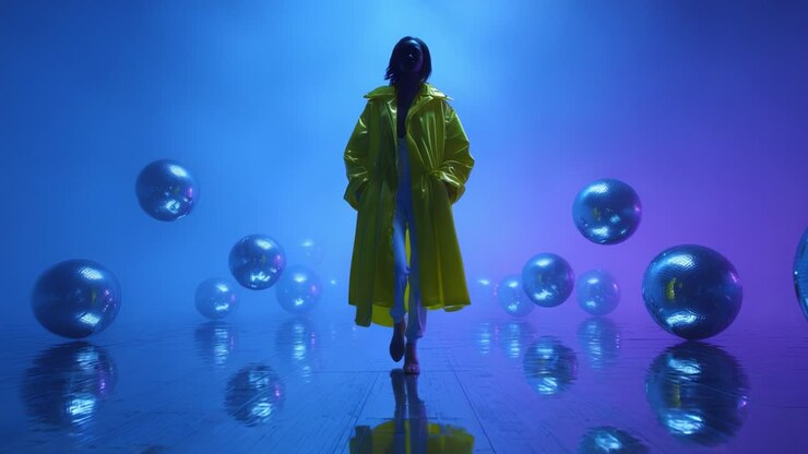 En fængslende scene med en figur iført en lys gul regnfrakke, omgivet af reflekterende discokugler i en tåget atmosfære, hvilket skaber en dragende atmosfære af mystik og stil