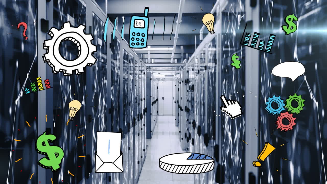Animation of shapes and business icons over server room