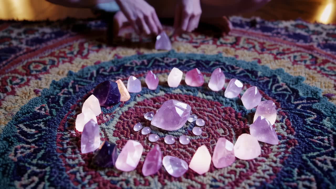 Woman Arranging Crystals on a Rug