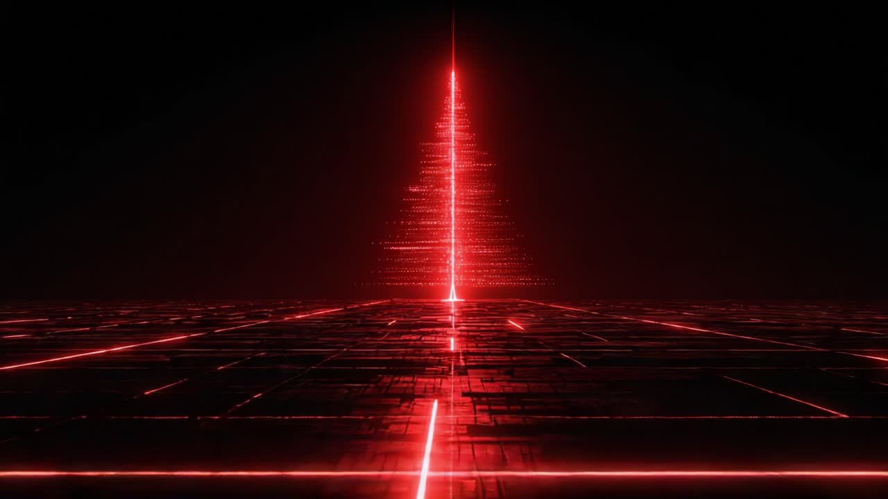 A Stunning Display of Red Light Forming a Towering Pyramid in the Dark, Showcasing a Blend of Technology and Digital Art in a Futuristic Landscape