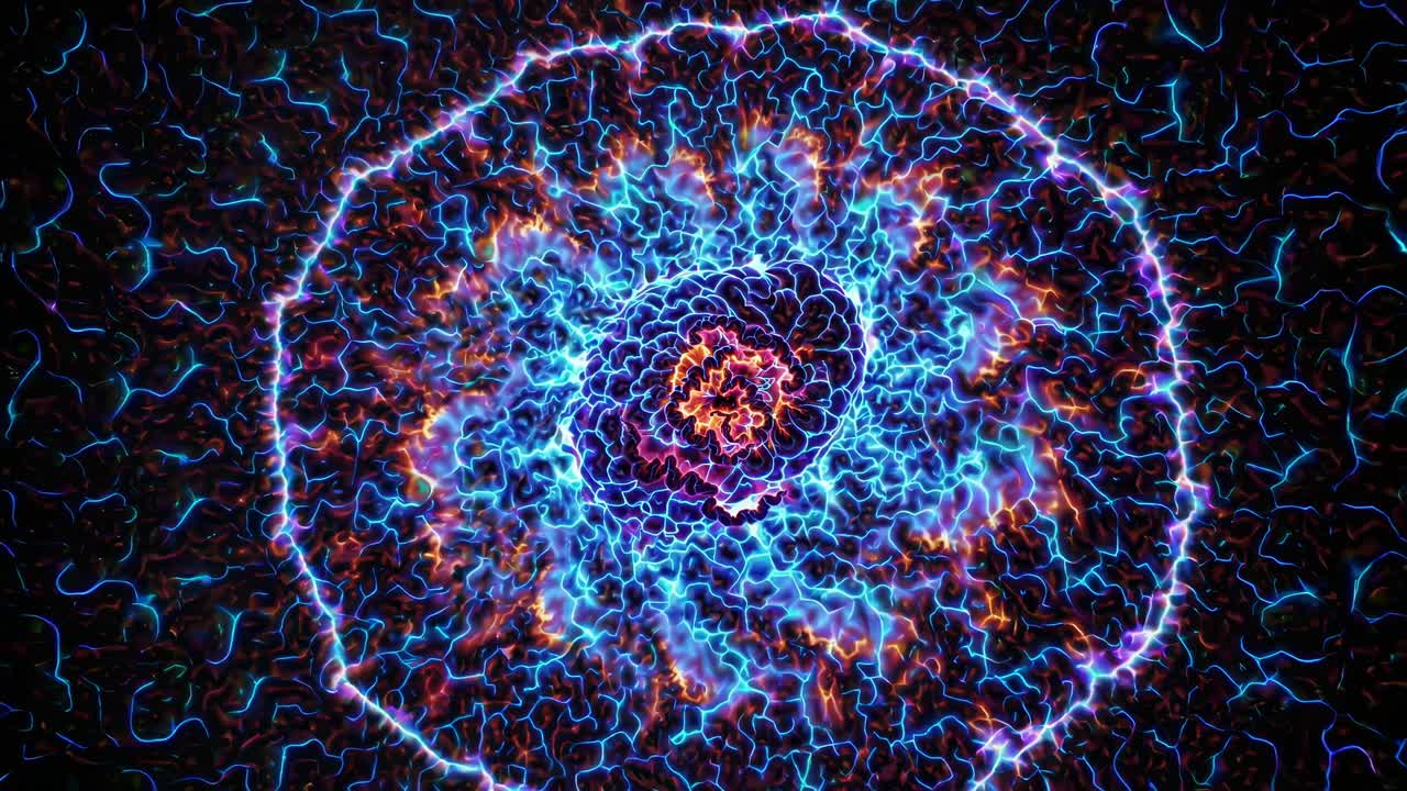 Vista dall'alto di vivaci motivi frattali elettrici in stile caleidoscopico, per creare un effetto ipnotico