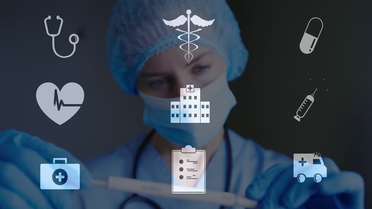 Doctor acercando un hisopo, guiándolo con la mano derecha, inspeccionándolo para una prueba, con iconos HUD translúcidos.