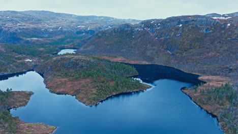 aerial shot over lake and mountains in norway