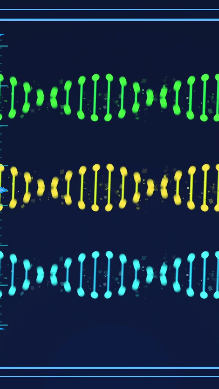 Vertikal video: Klip starter med tre DNA-bølger, der pulserer, skifter, snævrer ind og folder mod højre, mens de viser data