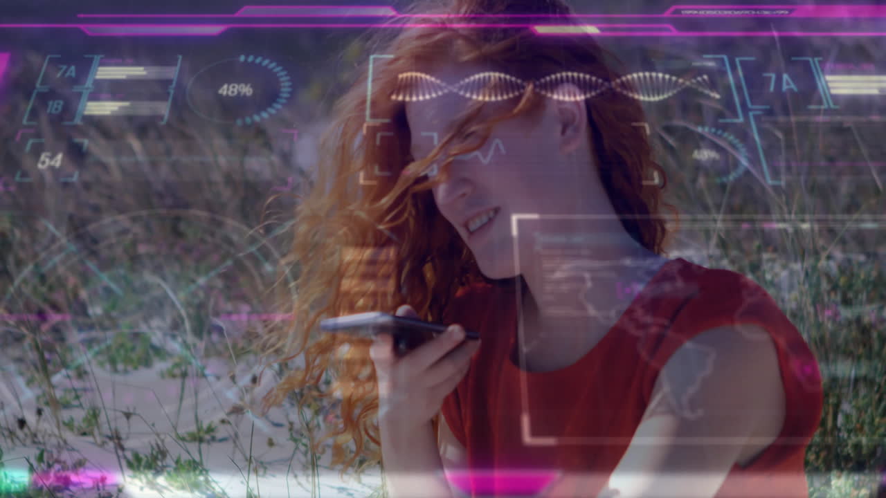 Red-haired woman using smartphone with digital data processing animation overlay