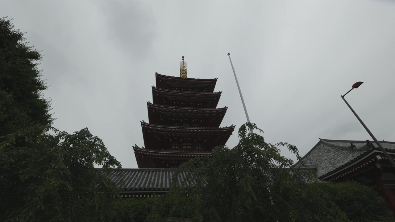 Pagode, træer og overskyet himmel ved Sensoji-Ji i Tokyo