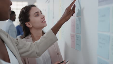 pessoas de negócios corporativas se reúnem usando notas adesivas brainstorming líder de equipe caucasiana mulher compartilhando estratégia de solução de problemas no quadro branco trabalhando em solução para o prazo do projeto