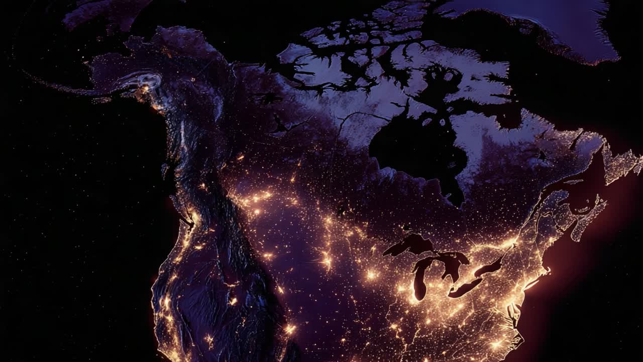 A Stunning Visual Representation of North America's Nighttime Illuminations Captured from Space, Showcasing Urban Areas and Natural Landscapes Against a Dark Horizon