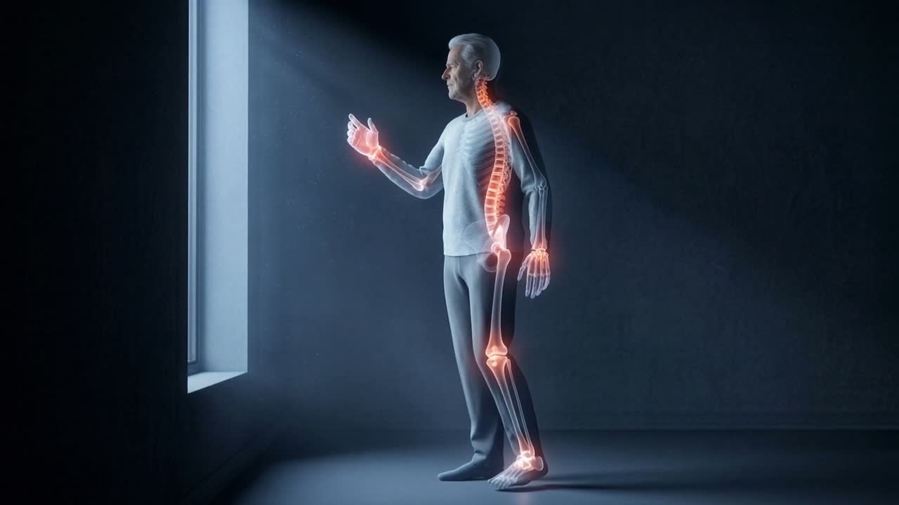 Senior man lifting arm in dark room with glowing skeleton and nervous system visible through body scan