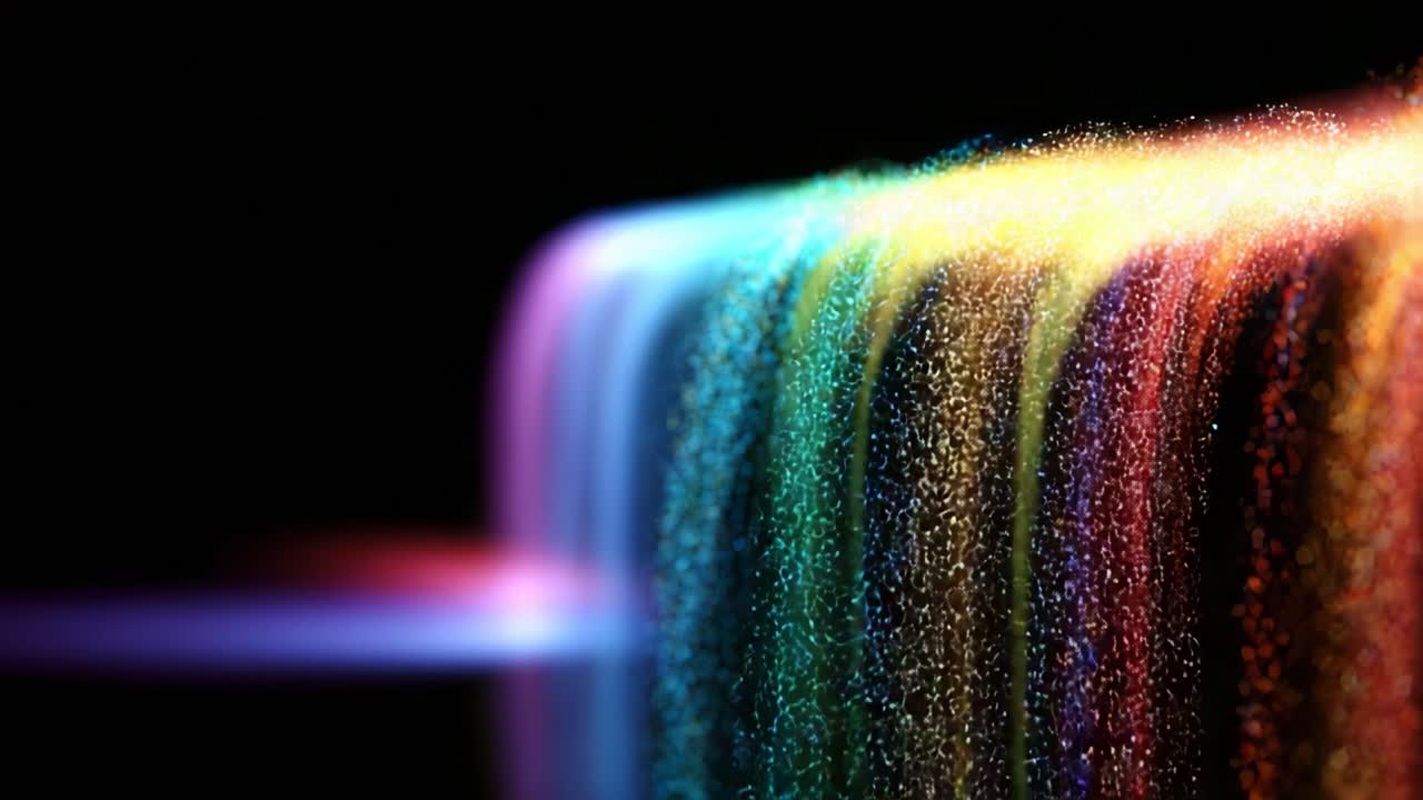 A mesmerizing cascade of colors flows gracefully in a waterfall, showcasing a vibrant array of light and patterns as water descends against a dark backdrop, creating a stunning visual display