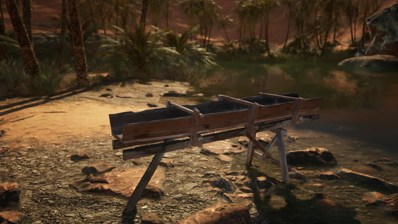 나무 배 가 사막 의 오아시스 연안 에 앉아 있다