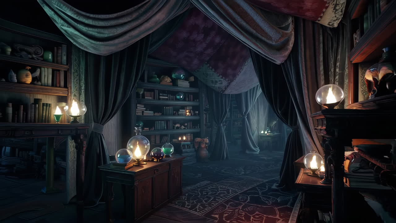 Mørk fantasy biblioteksscene med troldmand