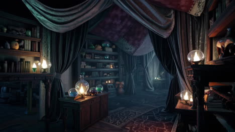 dark fantasy library scene with wizard