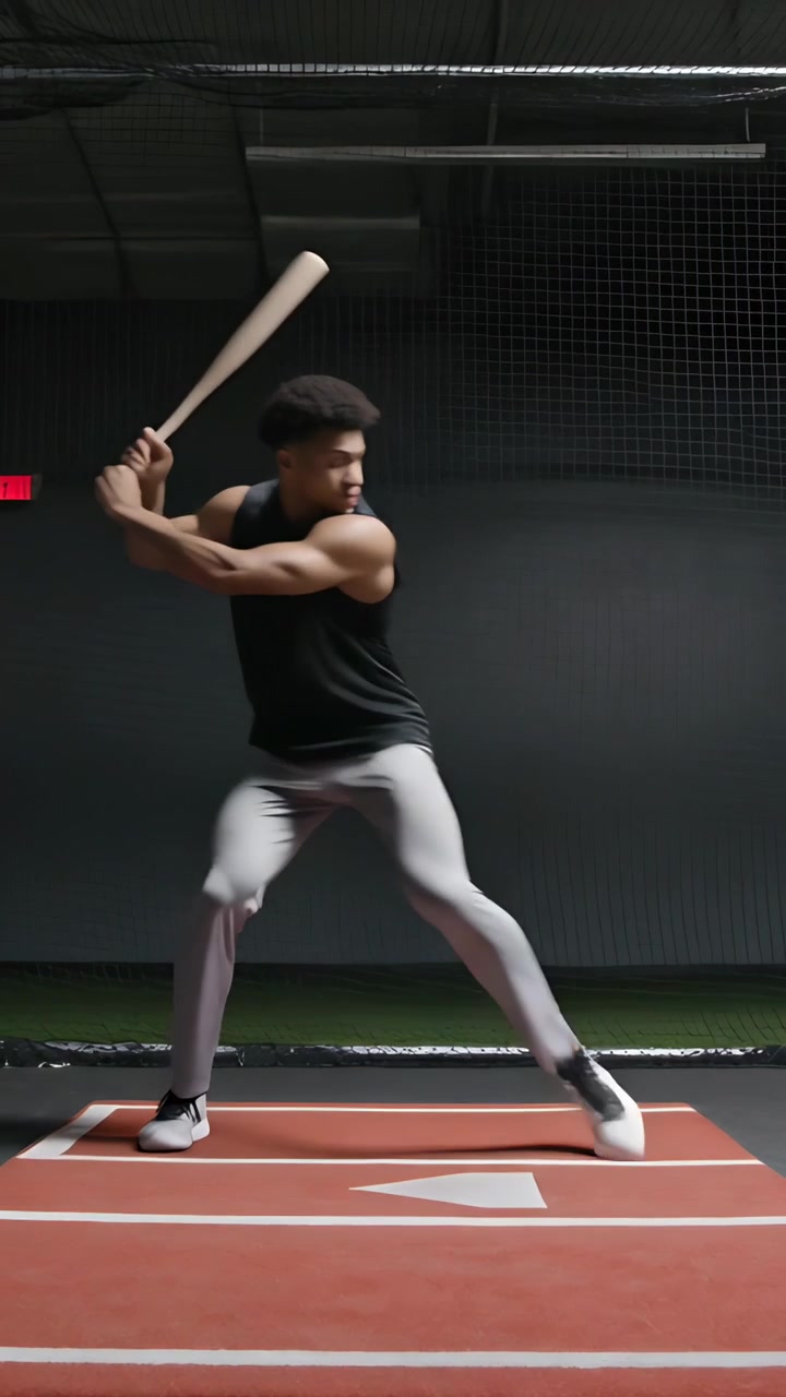 Vertical video: Seeing pitch hitter in top loading rotating swinging woodbat in cage on mat