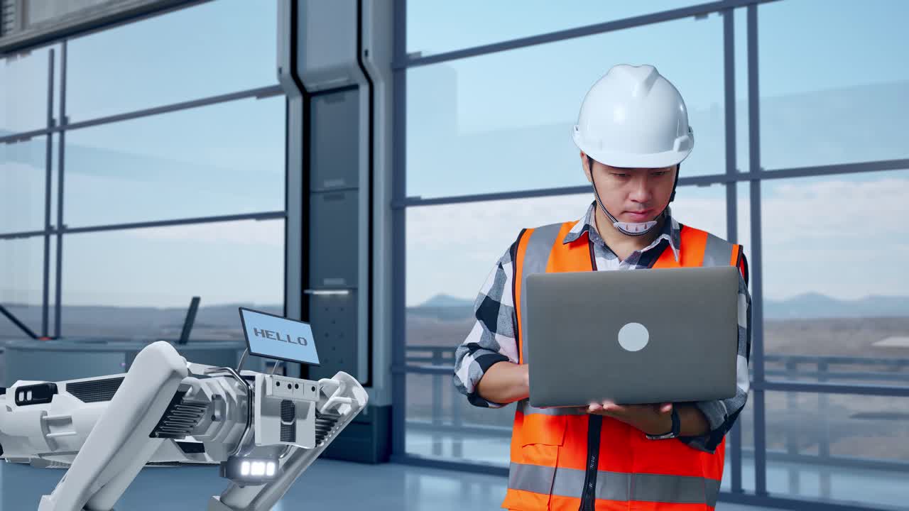 Ingeniero supervisando robot en instalaciones modernas