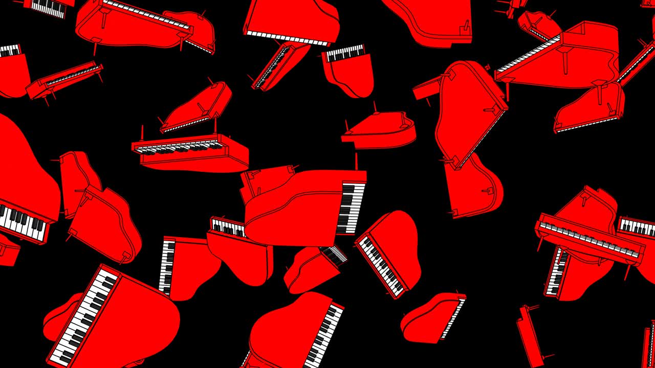 검은 바탕에 많은 빨간 피아노가 있습니다.