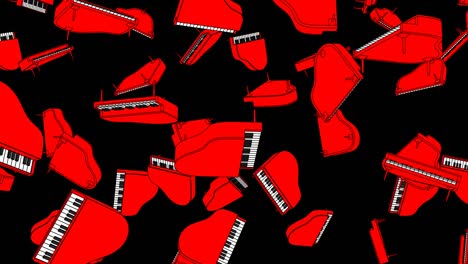 muchos pianos rojos sobre un fondo negro.