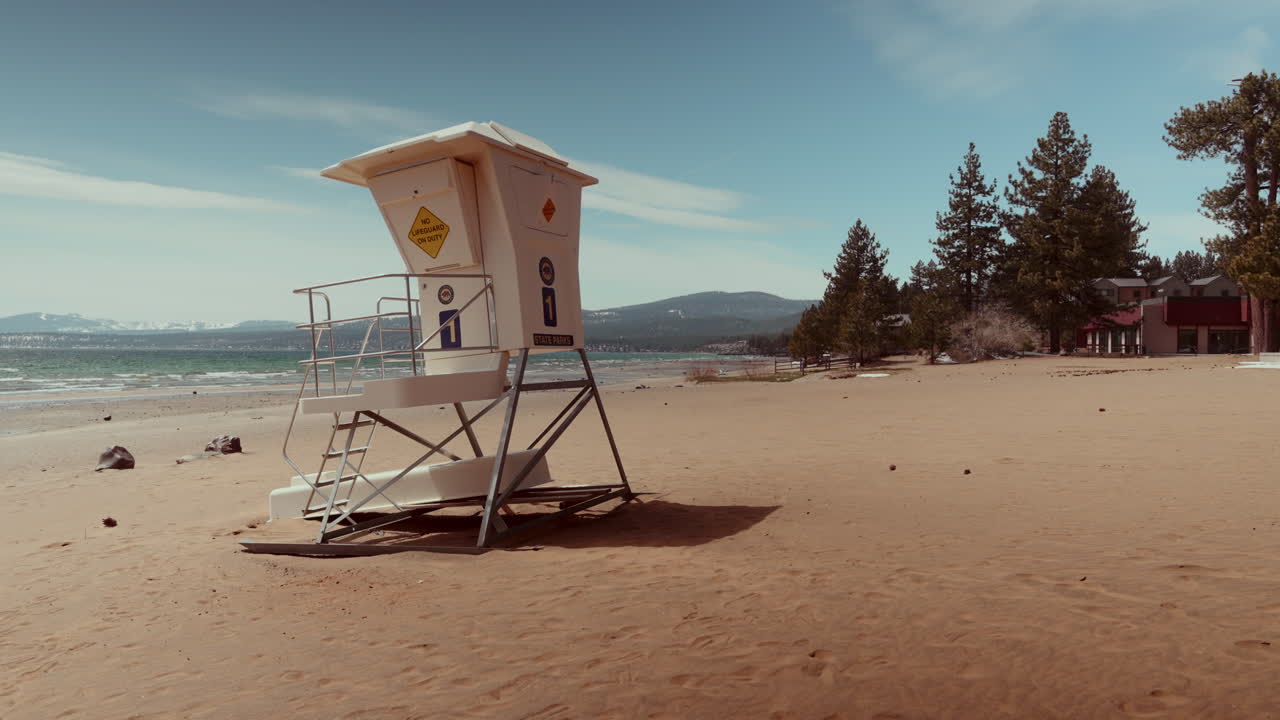 Empty Lifeguard Stand on a Lakeside Beach