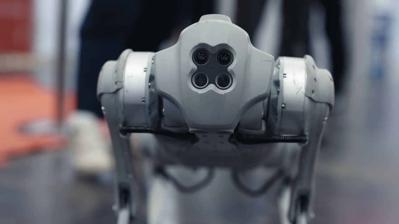 Close-up of a futuristic robotic dog's head with multiple cameras