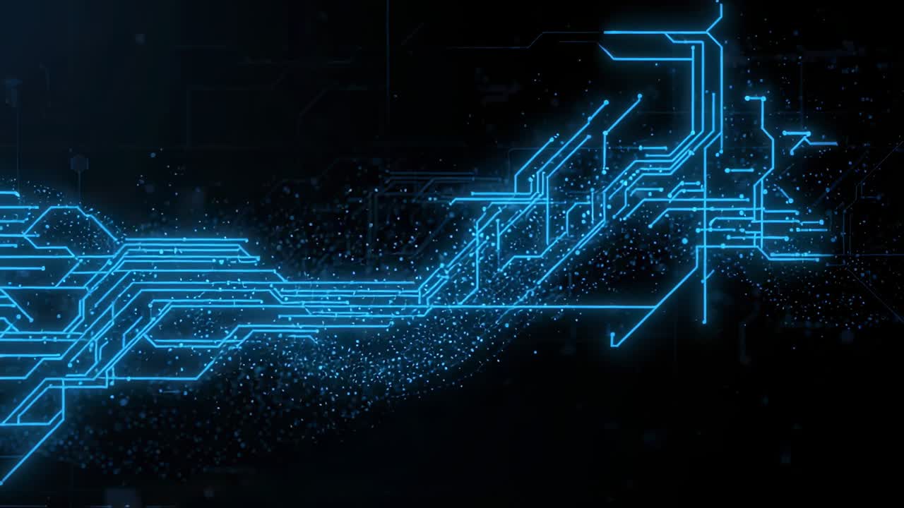 Emerging glowing blue circuits branching in dark digital void, drifting particles showing data flow