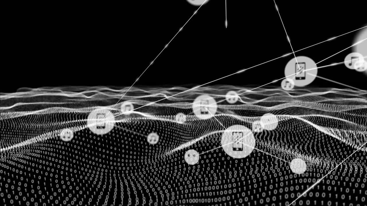 Animation of network of connections with icons over binary coding mesh on black background