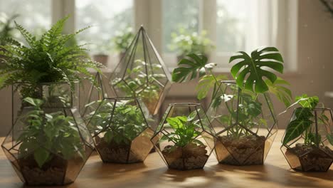a tranquil indoor garden displaying lush greenery in geometric glass planters, creating a serene atmosphere with nature's beauty and fresh air