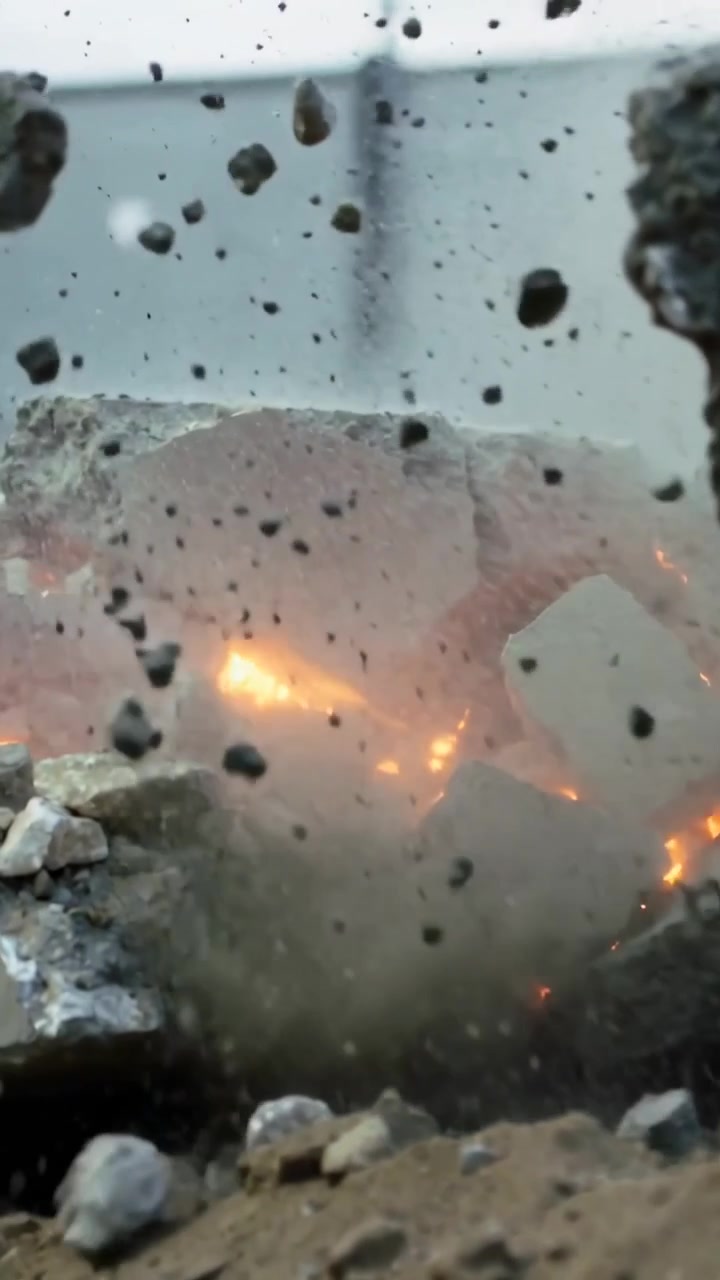 Vertical video: Sparking glow in cracked concrete slab ejecting rubble at jobsite, with pipe