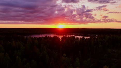 colorful pink, orange clouds reflect on forest lake, drone lowers in kemeri park