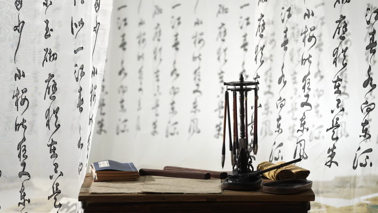 Calm scene with oriental culture artifacts inspiration through traditional oriental calligraphy with brush and ink, cultural art practice in a peaceful home setting