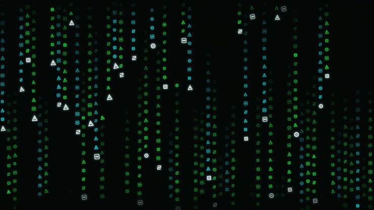 Digital Matrix Rain With Geometric Shapes and Numbers
