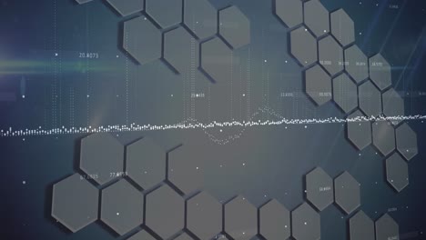 Animation-of-financial-data-and-hexagons-on-grey-background