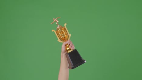 hombre sosteniendo un trofeo de oro campeón. fondo de pantalla verde