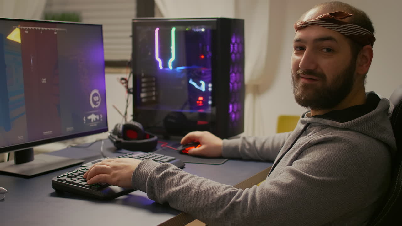 Cyber gamer playing esport shooter game
