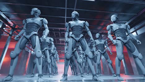 inteligencia artificial fábrica de robots humanoides ciber moviendo su cabeza de un lado a otro desarrollo futurista animación de renderización 3d