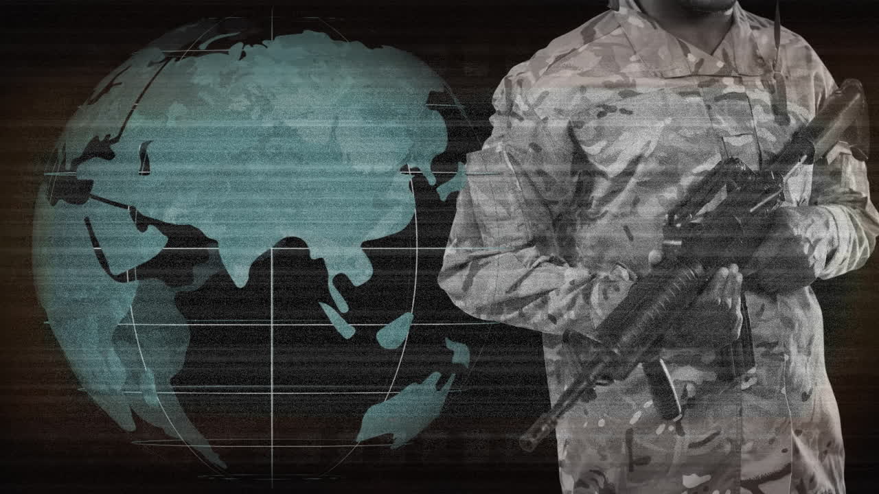 animación de un soldado con un arma en el globo y procesamiento de datos