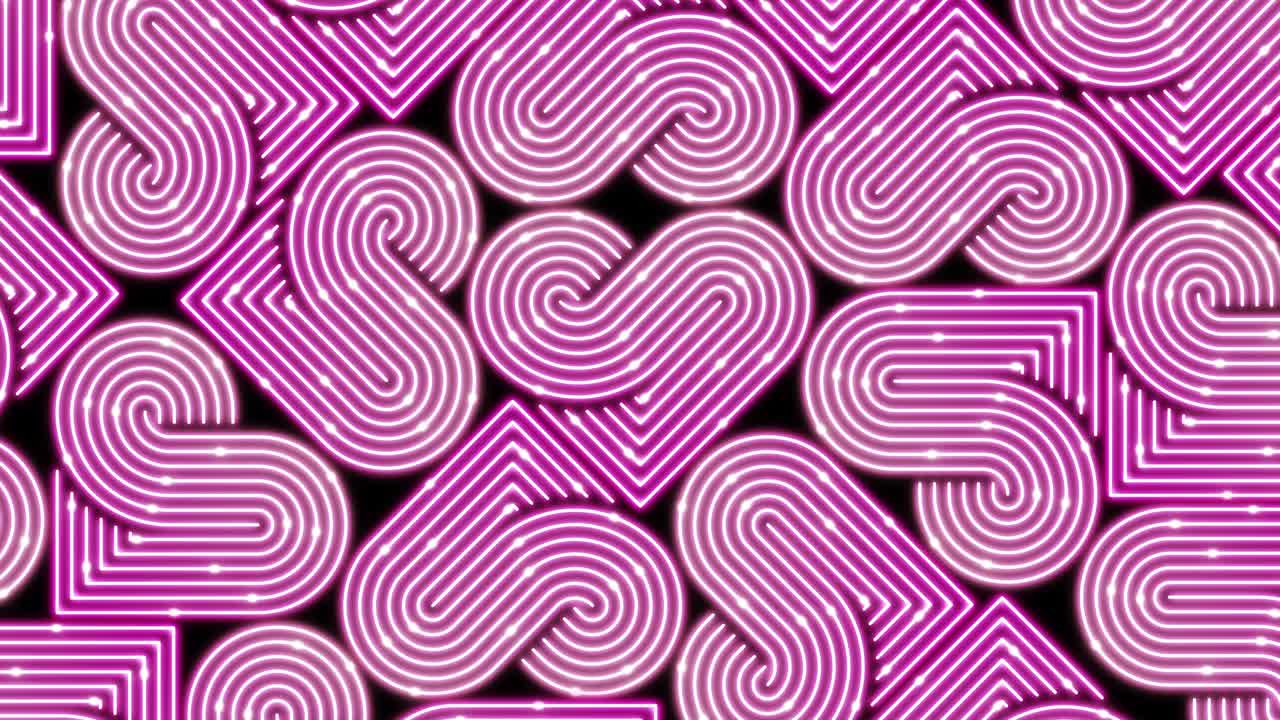 iluminación de línea de corazón patrón móvil color rosa, red de tecnología transferencia de datos digitales, diseño conceptual del día de san valentín, brillando sobre fondo negro animación de bucle sin costuras 4k con espacio de copia