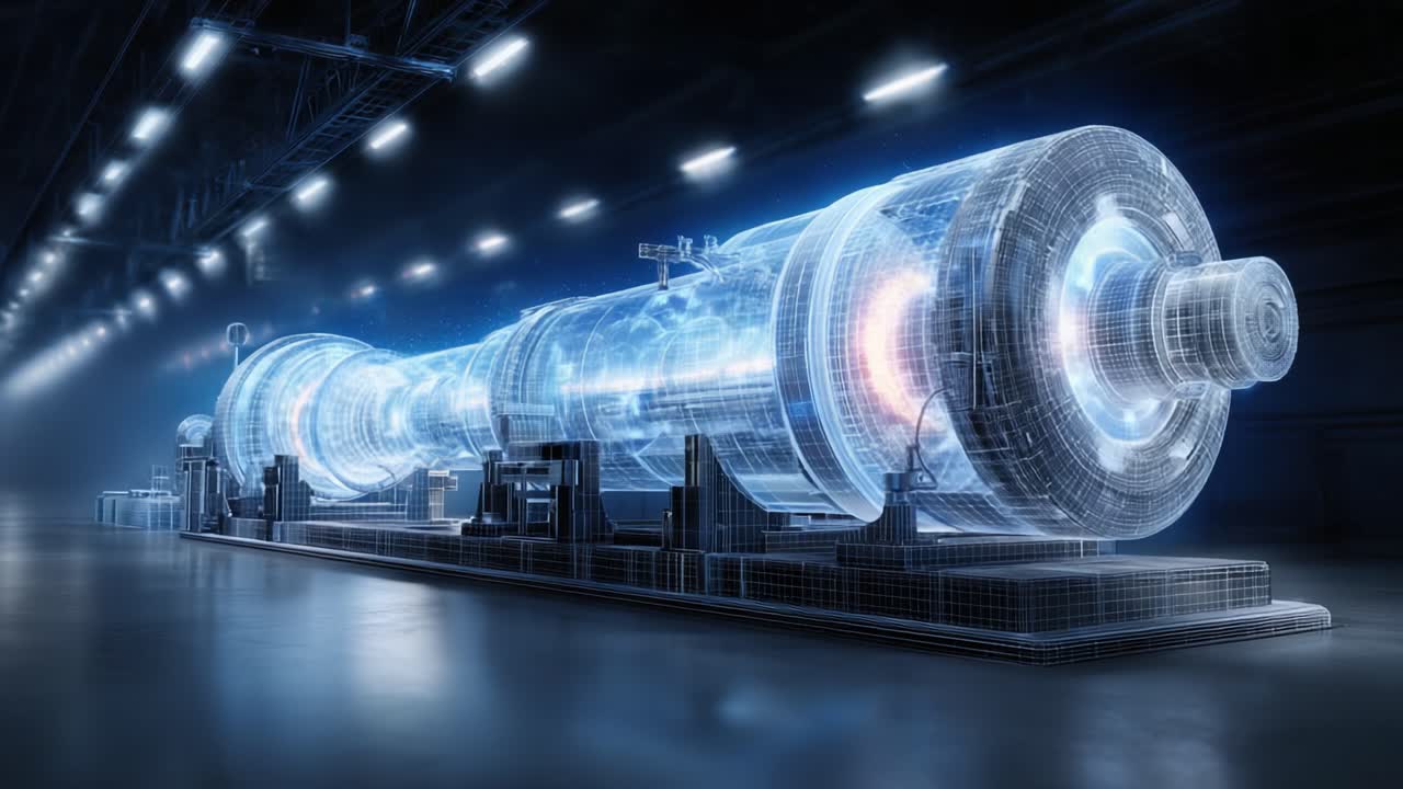 A futuristic energy generator depicted in a wireframe design, showcasing intricate details and glowing elements, set in a high-tech industrial environment with advanced technology