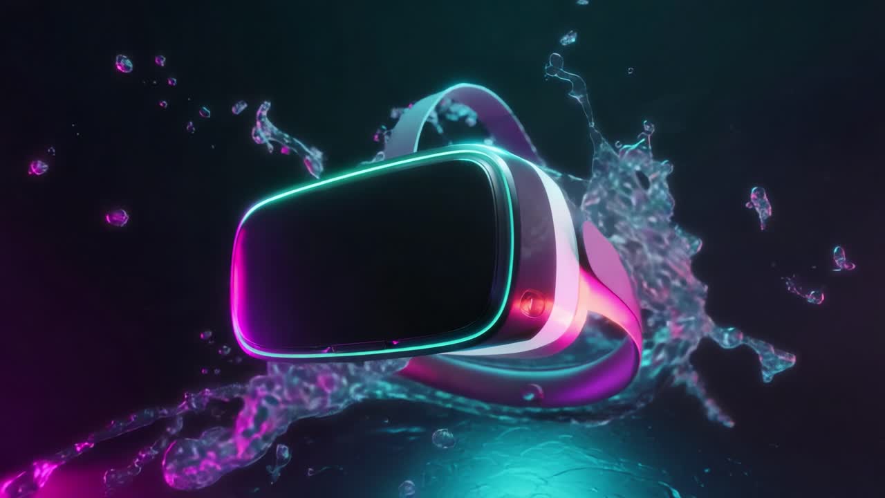 Stunning Showcase of Virtual Reality Headset Immersed in Vibrant Water Effects, Illuminated with Neon Lights Creating a Dazzling Visual Experience in a Technological Setting
