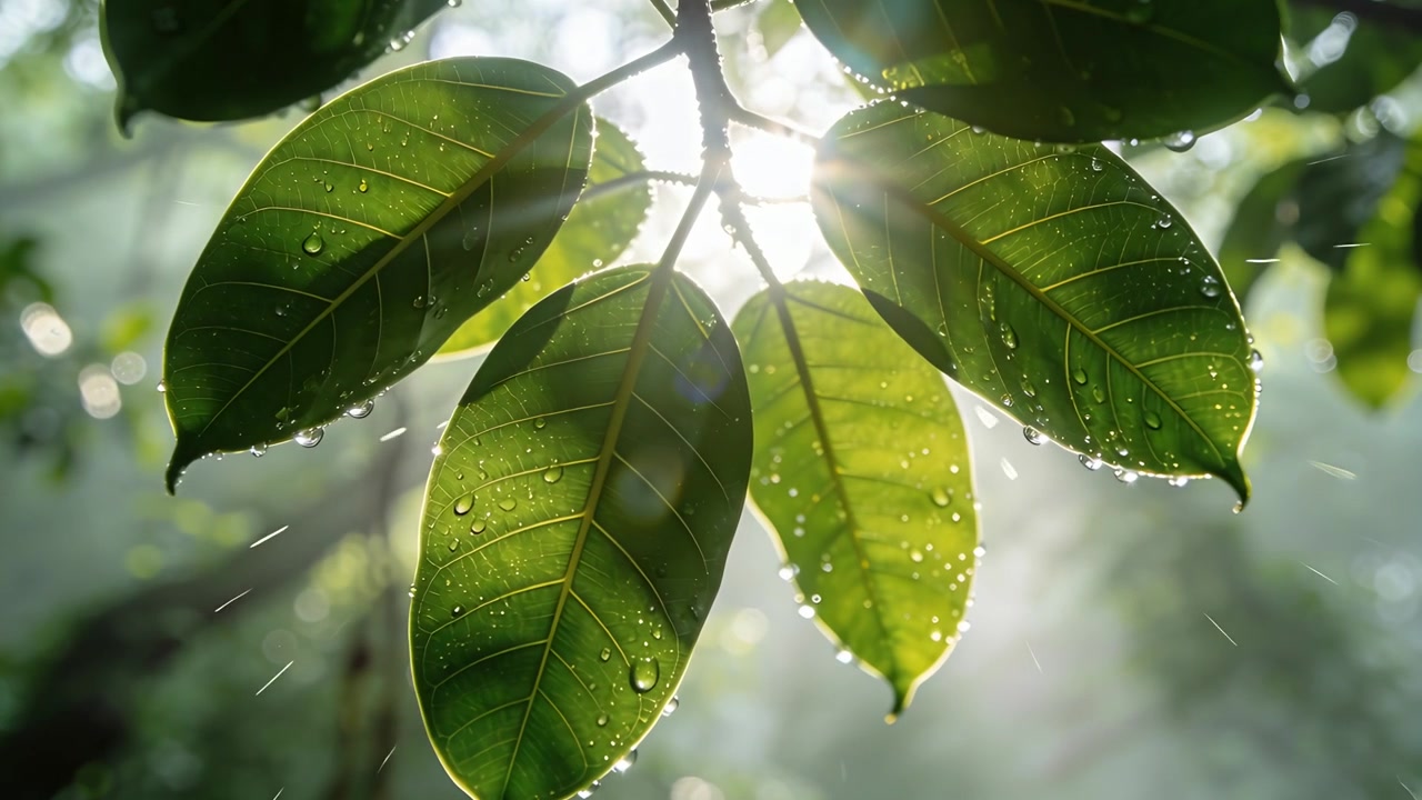 Sunlight brightening leaf cluster tilting shedding droplets and showing spider-silk in misty forest