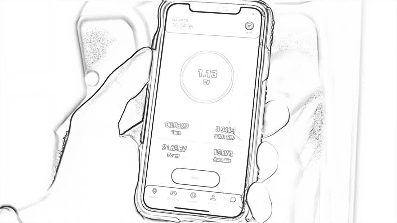 Electric car charging battery display on a phone, black an white doodle art