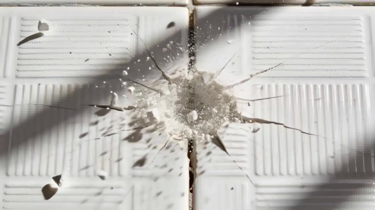Striking projectile forming circular crater on white tile floor, sending radial cracks and dust