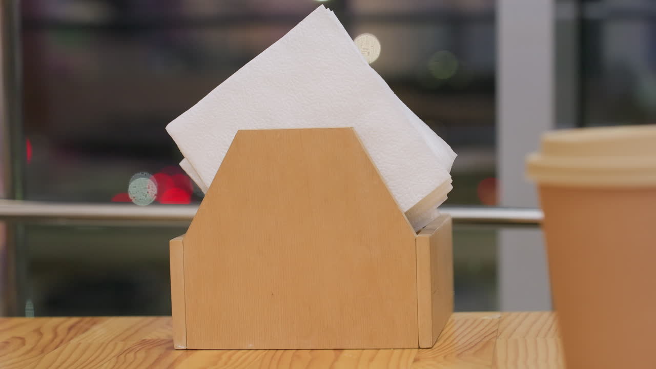 Close up wooden napkin holder with neatly folded white tissues placed on restaurant table under soft evening lighting with blurred city lights glowing through glass window in background