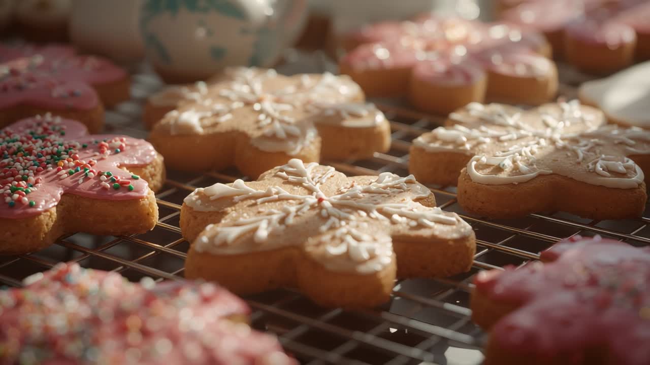 Panning camera on star-shaped sugar cookies on wire rack at countertop, revealing icing near mug