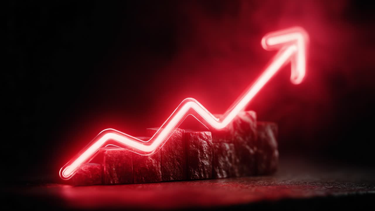 A Glowing Red Neon Arrow Rising Upward, Symbolizing Growth and Progress Against a Dark Background with Dramatic Lighting Effects